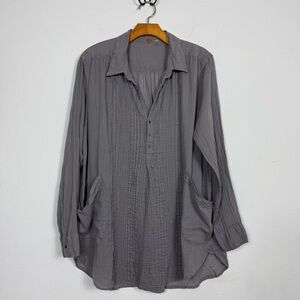 Free People Grey Long Sleeve Boho Tunic Casual Cotton Blouse Sz Small